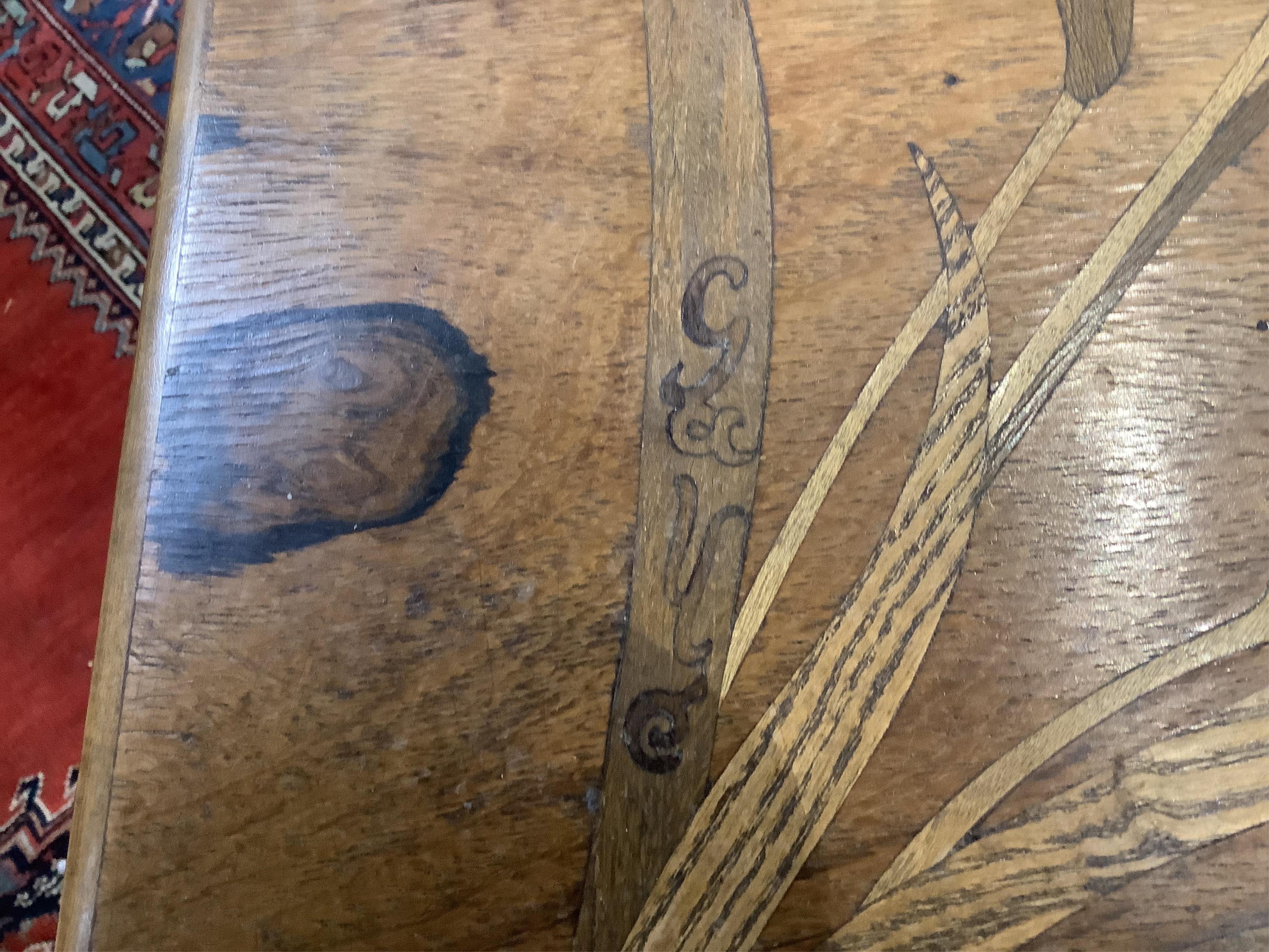 Two from a nest of early 20th century Galle style rosewood and marquetry tea tables, larger width 57cm, depth 38cm, height 70cm. Condition - fair